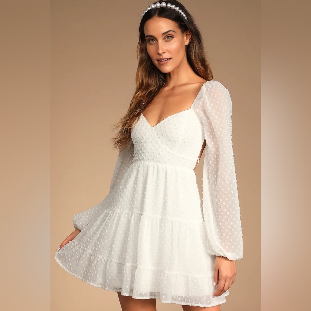 Lulus Longing and Loving White Swiss Dot Puff Sleeve Bridal Bachelorette Dress M